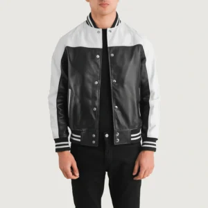 UB FASHION TERRANCE BLACK & WHITE LEATHER VARSITY JACKET