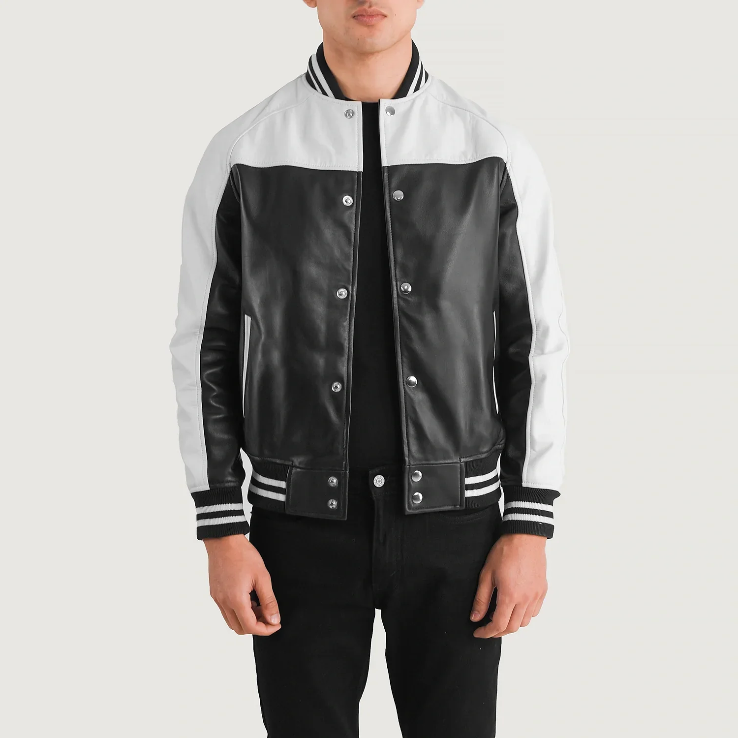 UB FASHION TERRANCE BLACK & WHITE LEATHER VARSITY JACKET
