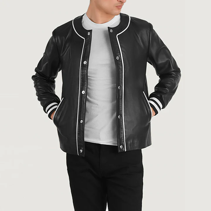 UB FASHION WILLIS BLACK LEATHER VARSITY JACKET