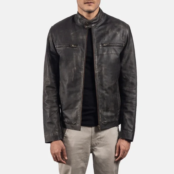 UB FASHION RUSTIC BLACK LEATHER BIKER JACKET