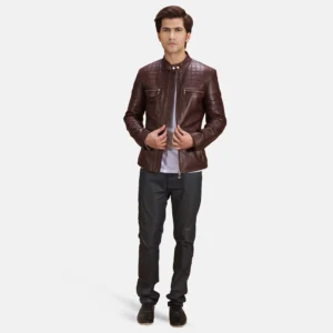 UB FASHION URBANE QUILTED MAROON LEATHER BIKER JACKET