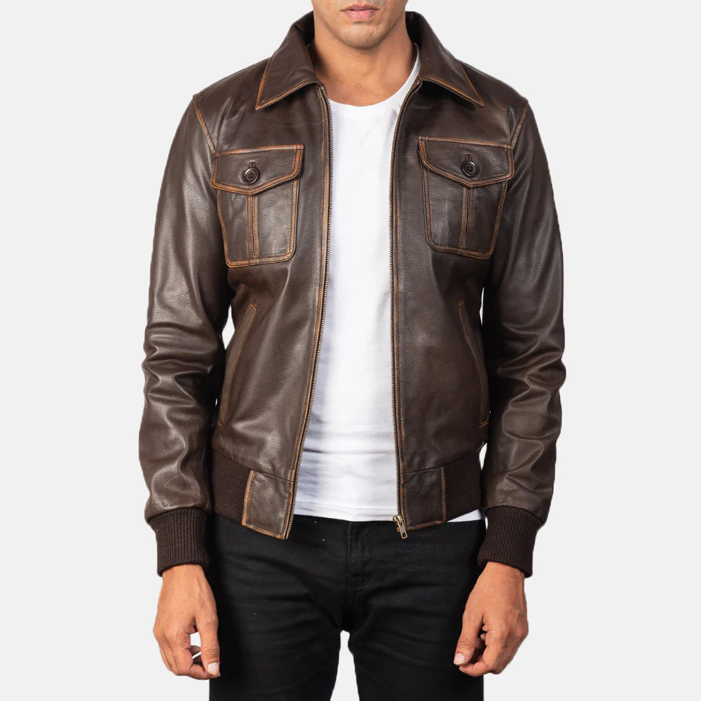 UB FASHION AARON BROWN LEATHER BOMBER JACKET