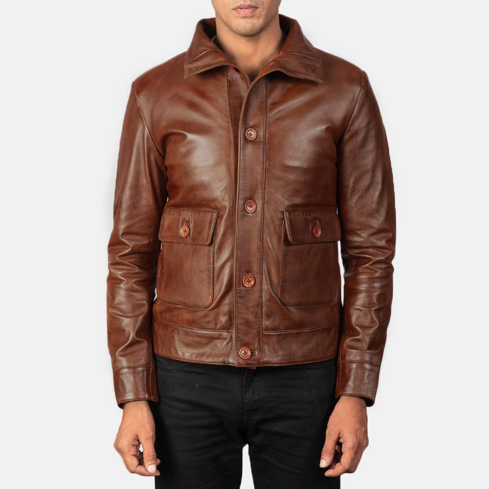 UB FASHION COLUMBUS BROWN LEATHER BOMBER JACKET