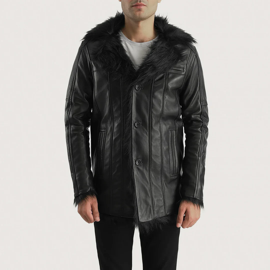 UB FASHION FURCLIFF BLACK LEATHER COAT
