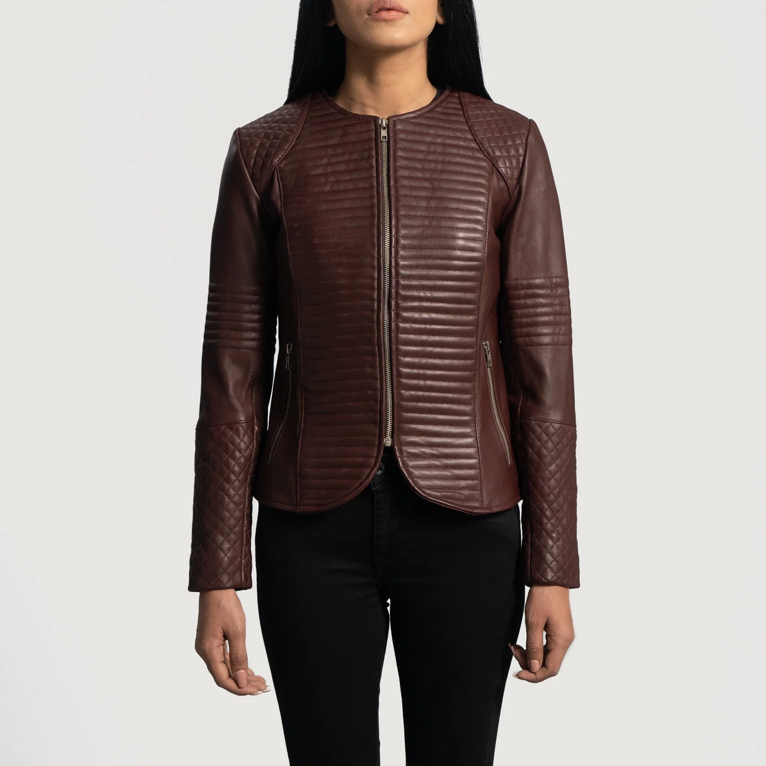 UB FASHION NEXI QUILTED MAROON LEATHER JACKET