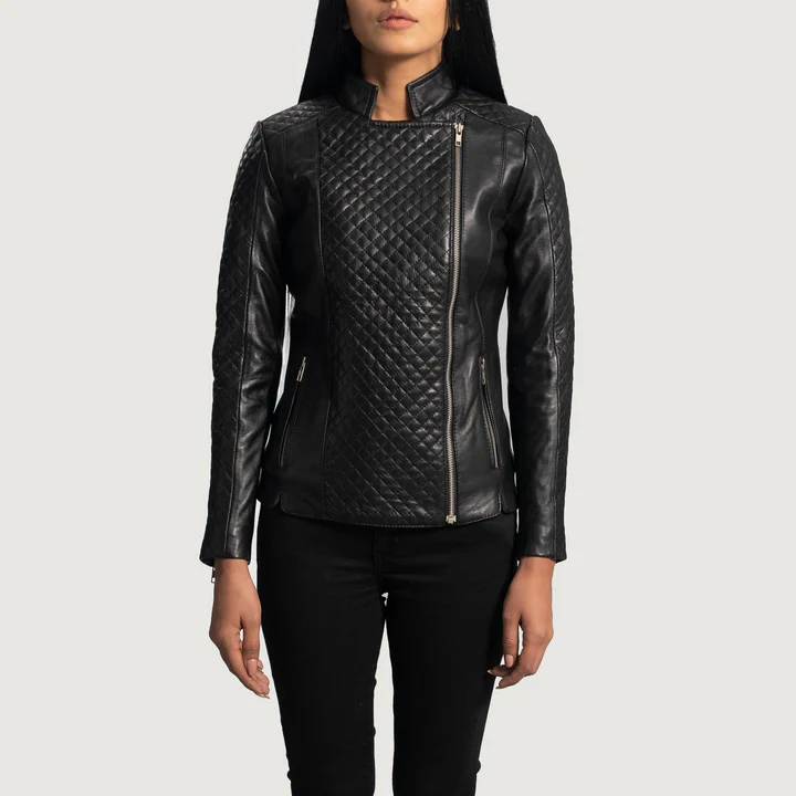 UB FASHION ORIENT GRAIN QUILTED BLACK LEATHER BIKER JACKET