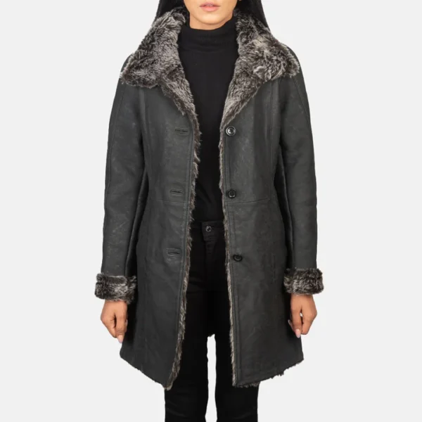 UB FASHION ERICA SHEARLING BLACK LEATHER COAT