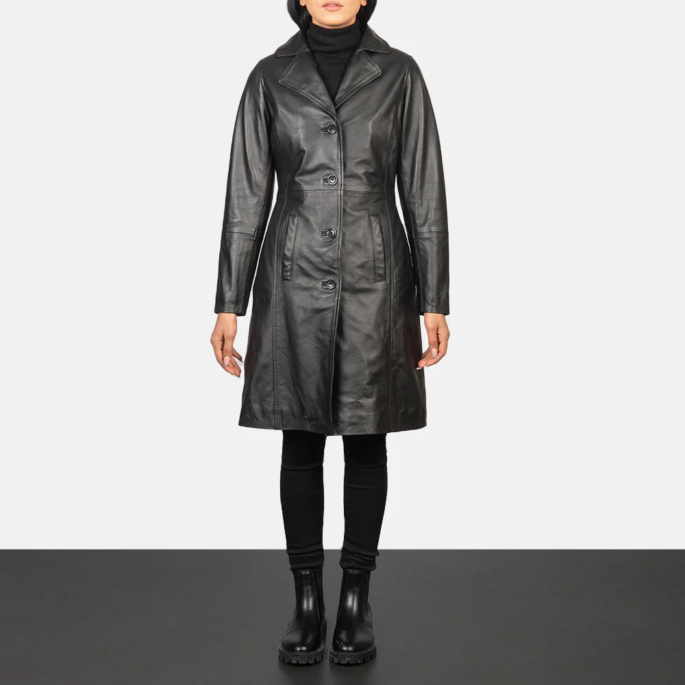 UB FASHION ALEXIS BLACK SINGLE BREASTED LEATHER COAT