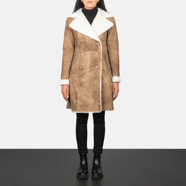 UB FASHION AMIE Distressed BROWN DOUBLE BREASTED SHEARLING COAT