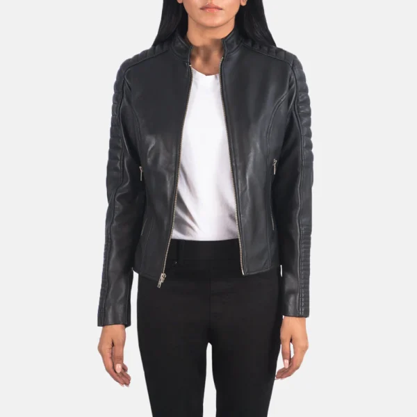 UB FASHION ADALYN QUILTED BLACK LEATHER BIKER JACKET