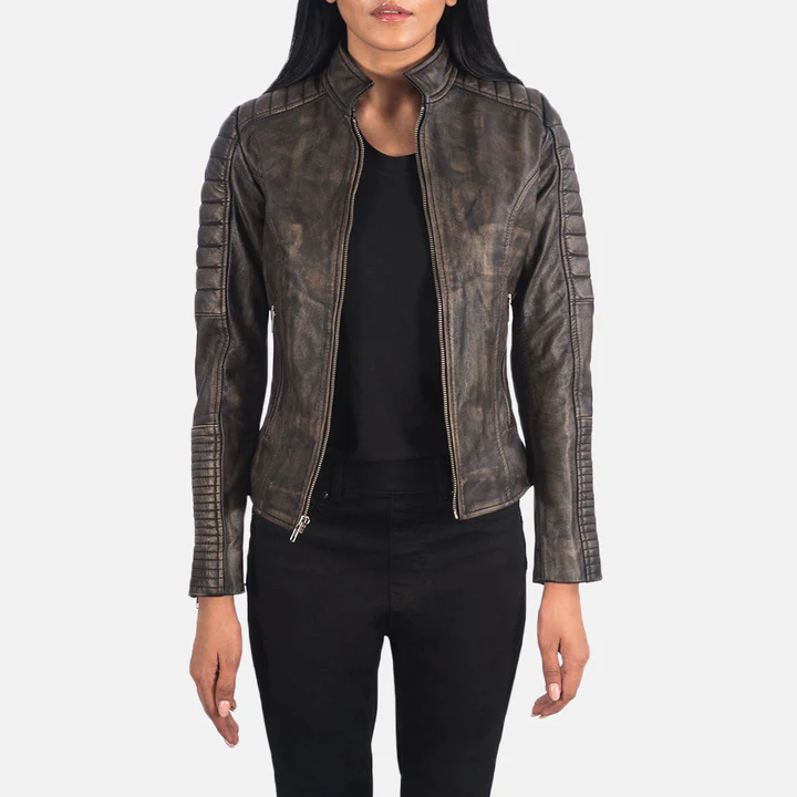 UB FASHION ADALYN QUILTED Distressed Brown LEATHER BIKER JACKET
