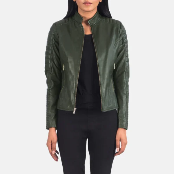 UB FASHION ADALYN QUILTED GREEN LEATHER BIKER JACKET