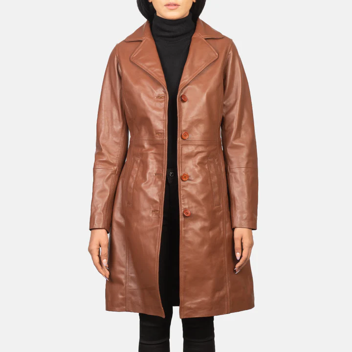 UB FASHION ALEXIS BROWN SINGLE BREASTED LEATHER COAT