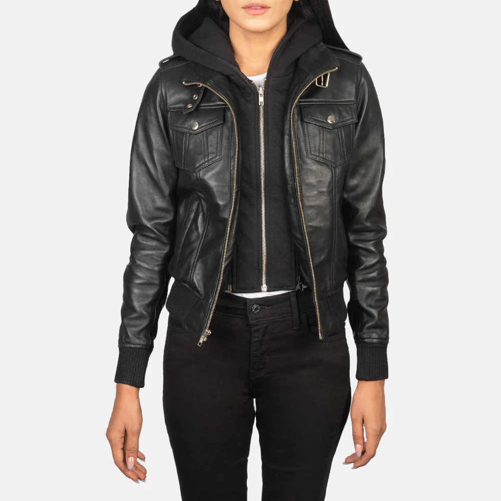 UB FASHION ROSLYN BLACK HOODED LEATHER BOMBER JACKET
