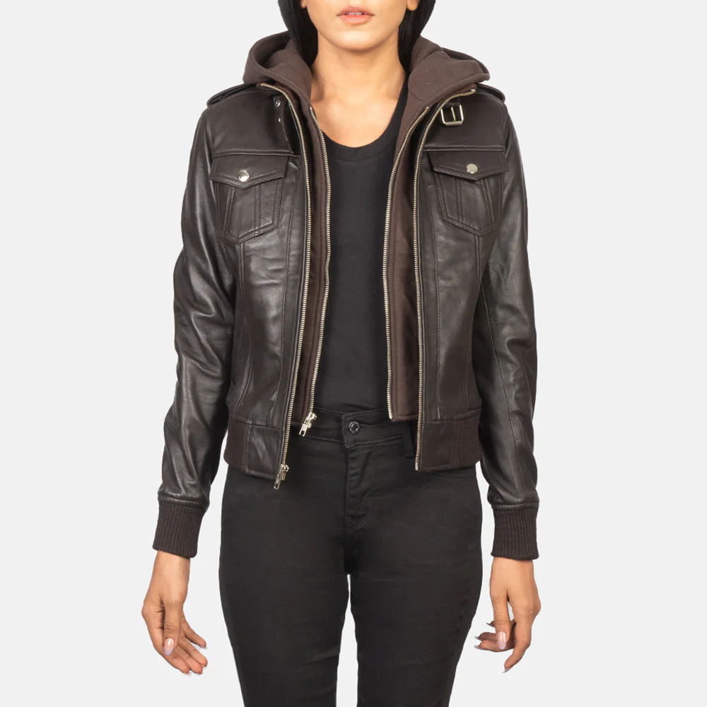 UB FASHION ROSLYN BLACK HOODED LEATHER BOMBER JACKET