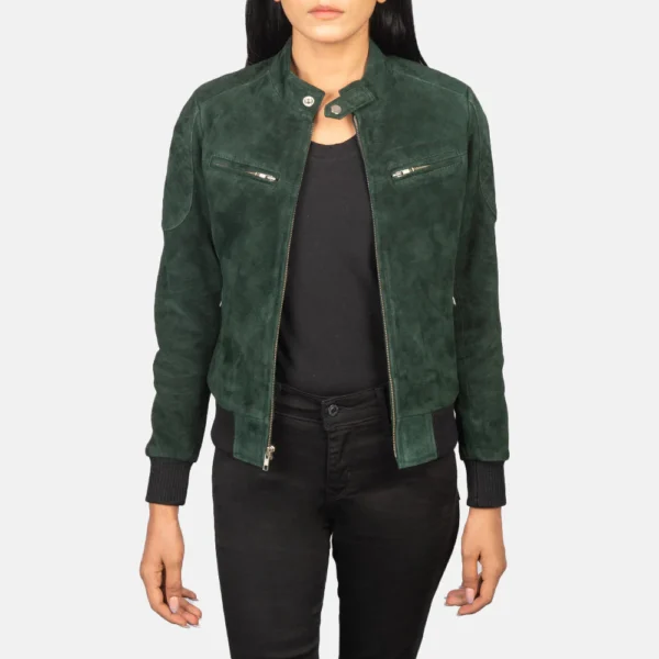 UB FASHION ZENNA GREEN SUEDE BOMBER JACKET