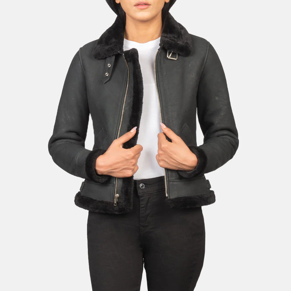 UB Fashion Sherilyn B-3 Black Leather Bomber Jacket
